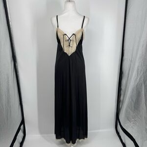 Vintage Black Cream Lace Satin Slip Maxi Dresss